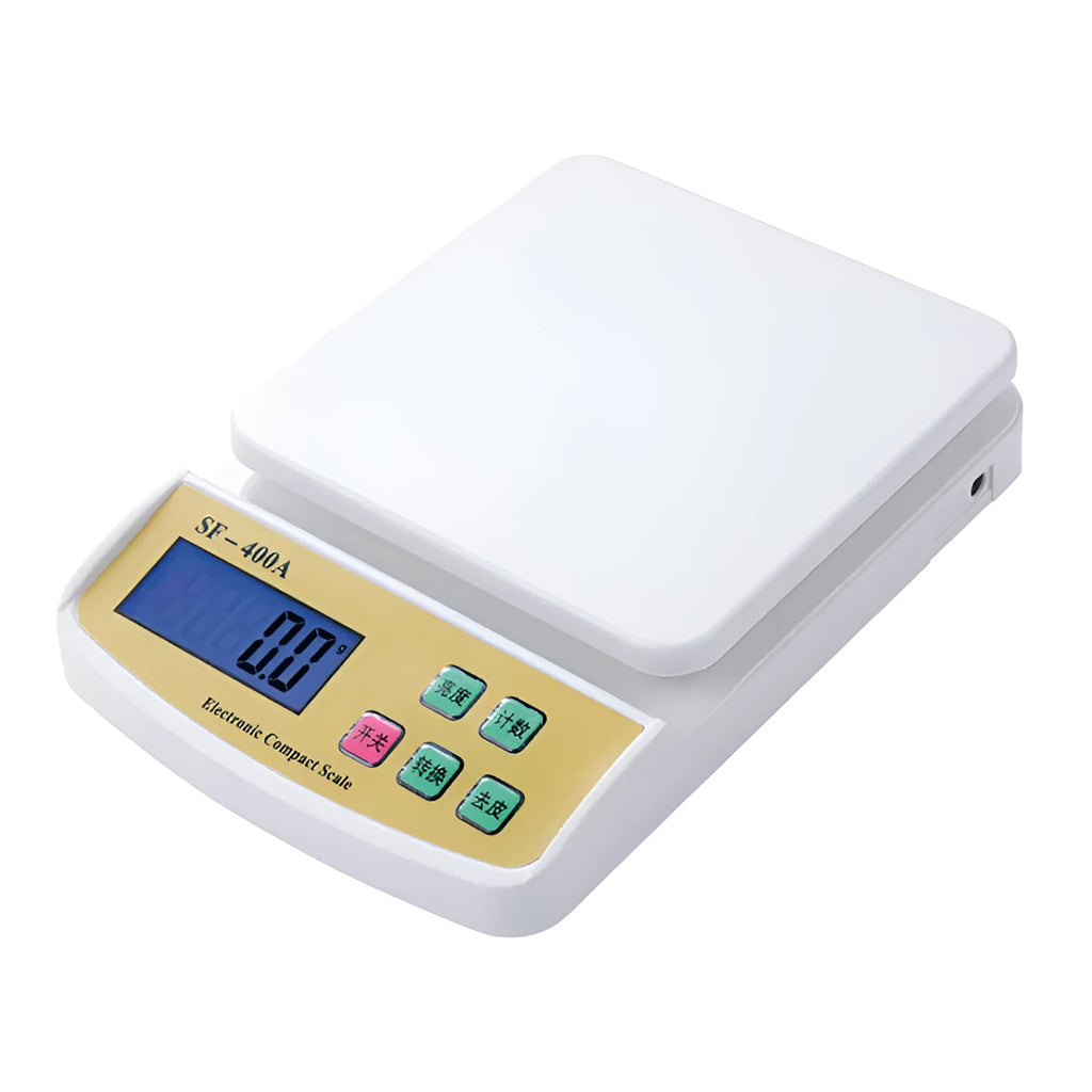 SF-400A digital kitchen scale on counter with 10kg capacity and clear display showing weight measurement
