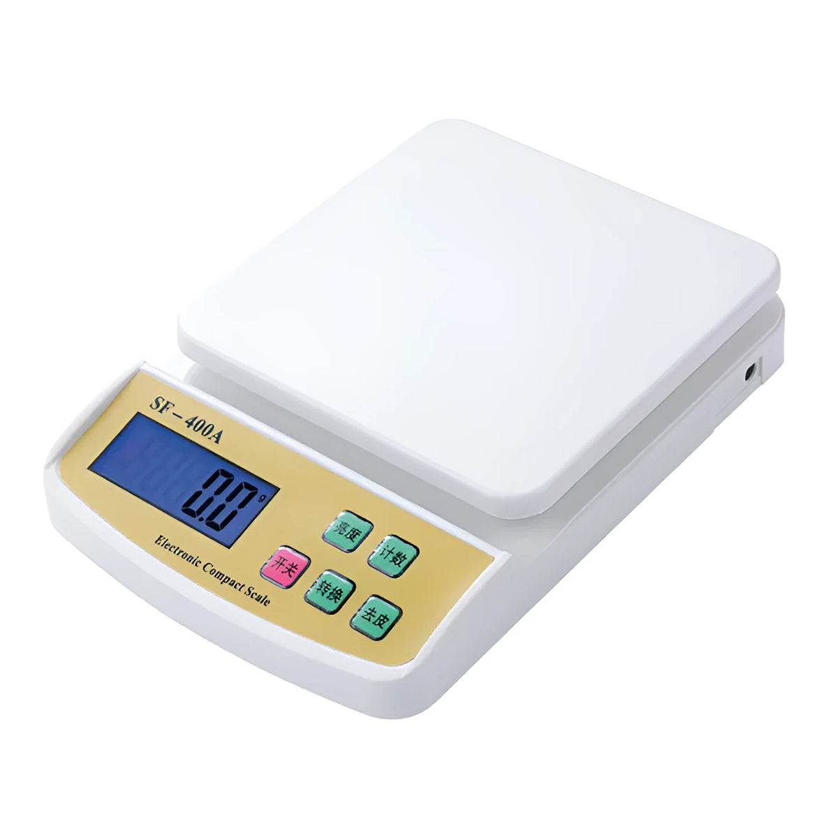 SF-400A digital kitchen scale on counter with 10kg capacity and clear display showing weight measurement