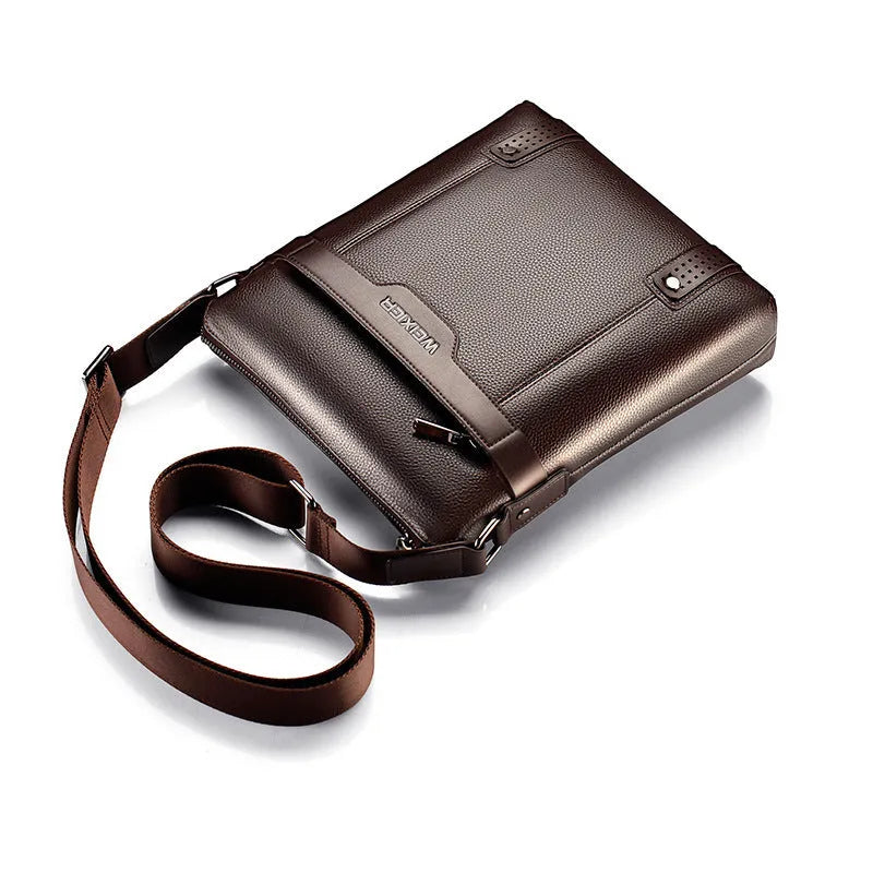 Men's medium PU leather shoulder bag with zipper closure showing black and brown colour options