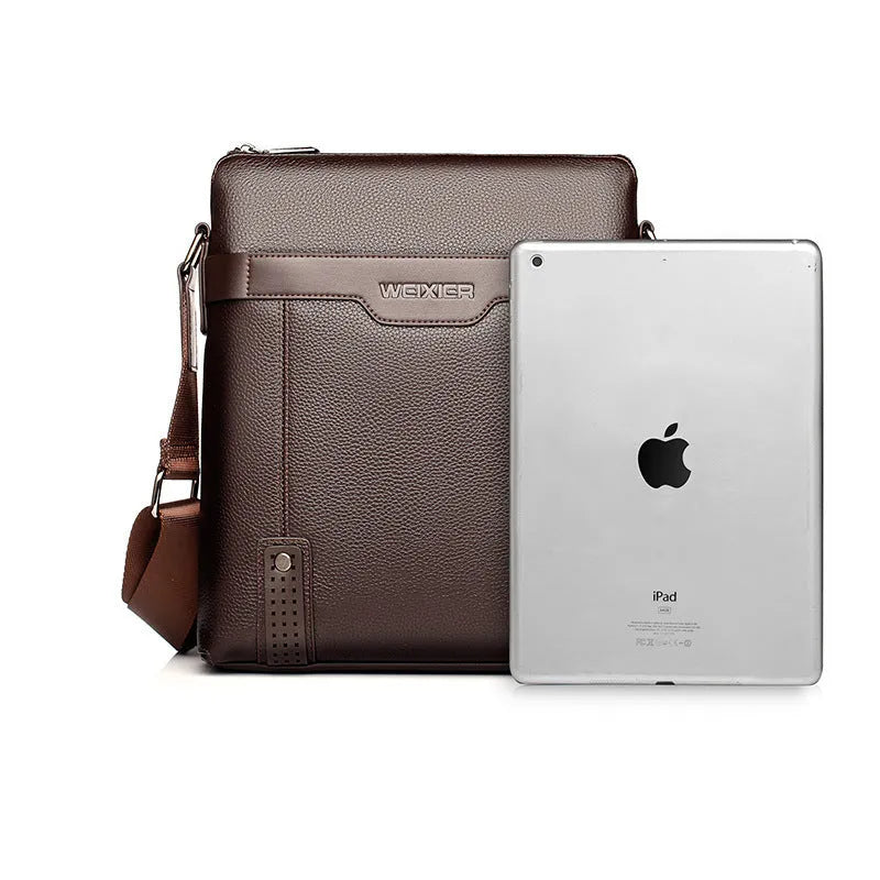 Men's medium PU leather shoulder bag with zipper closure showing black and brown colour options