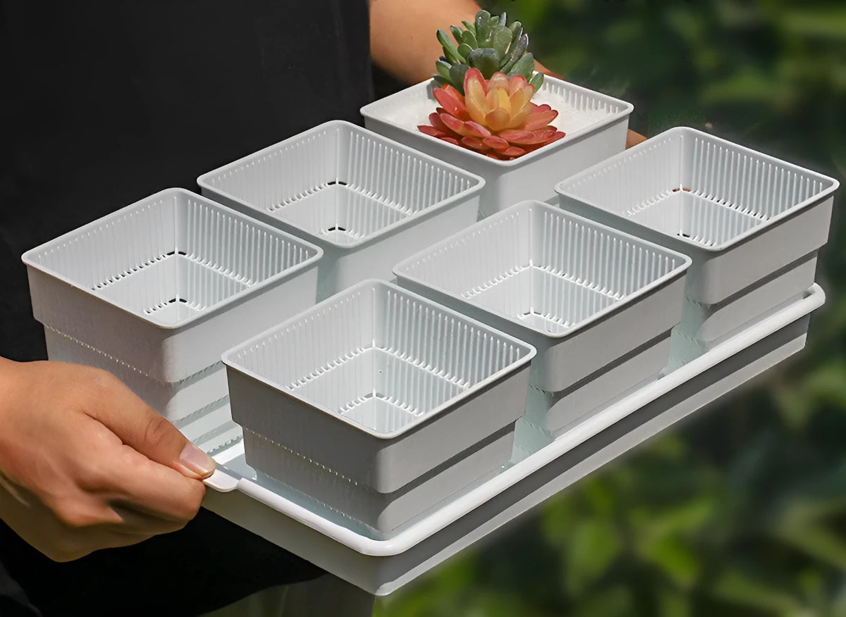 Meishi Controlled Root Flower Pot plastic planter with tray and basins in black or white colours