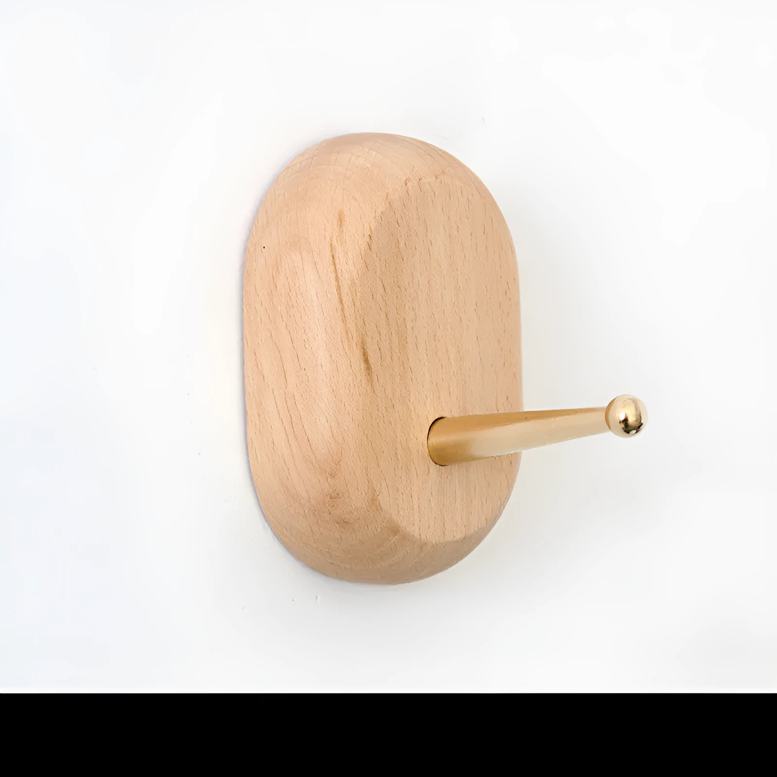 A natural beech wood adhesive wall hook in a simple single hook design, shown alongside other shape variants.