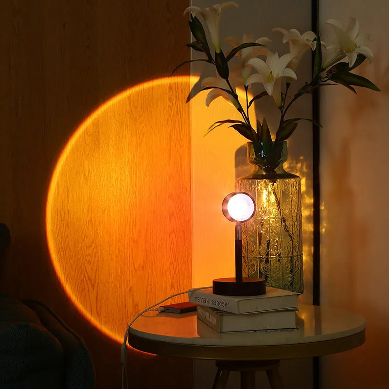 Black USB dual-head sunset rainbow projection table lamp with touch controls
