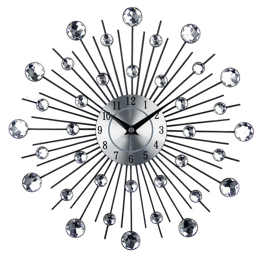 Silver metal round wall clock measuring 33cm diameter with battery-powered quartz movement