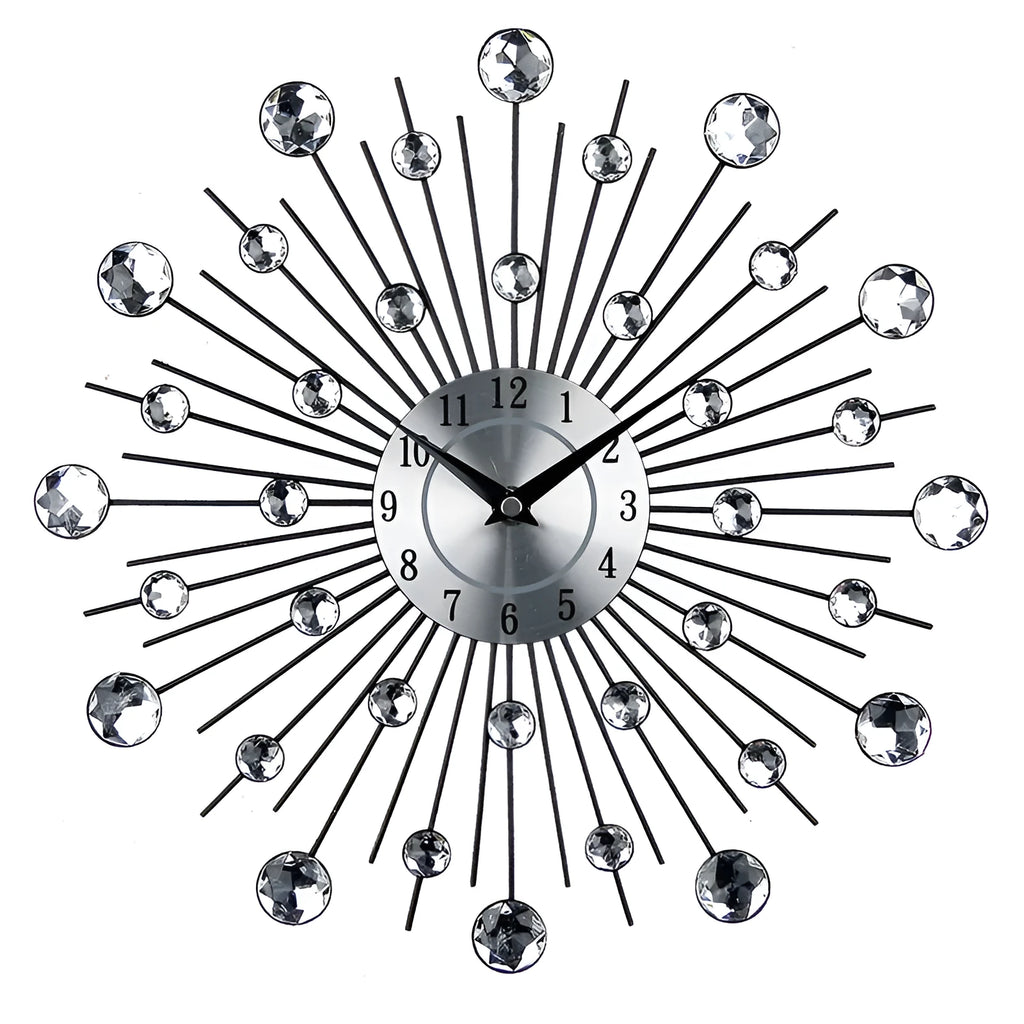 Silver metal round wall clock measuring 33cm diameter with battery-powered quartz movement