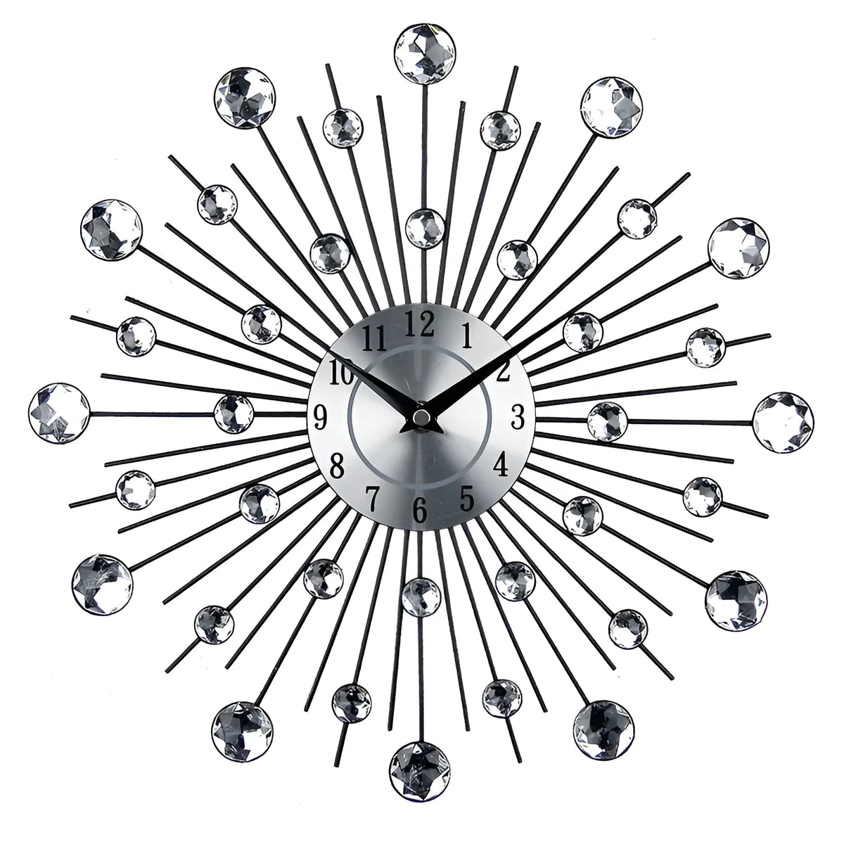 Silver metal round wall clock measuring 33cm diameter with battery-powered quartz movement