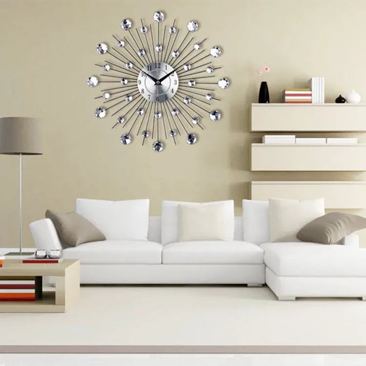 Silver metal round wall clock measuring 33cm diameter with battery-powered quartz movement