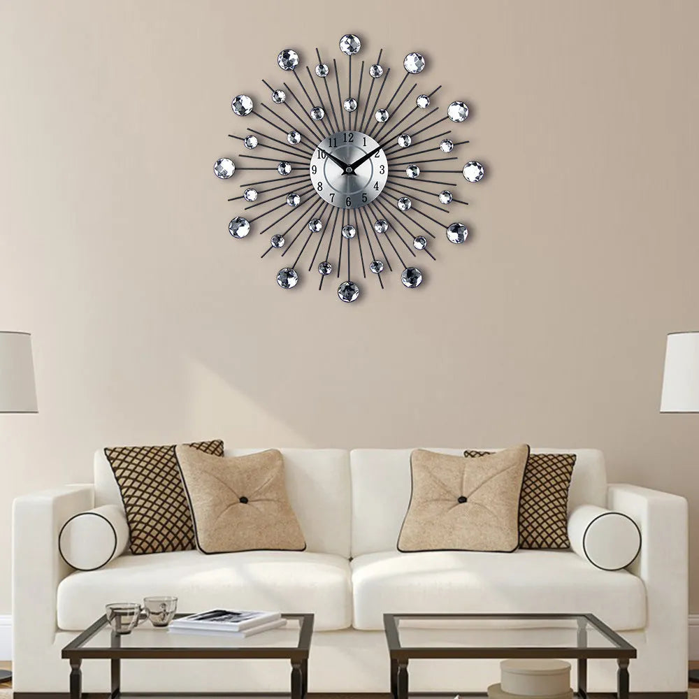 Silver metal round wall clock measuring 33cm diameter with battery-powered quartz movement