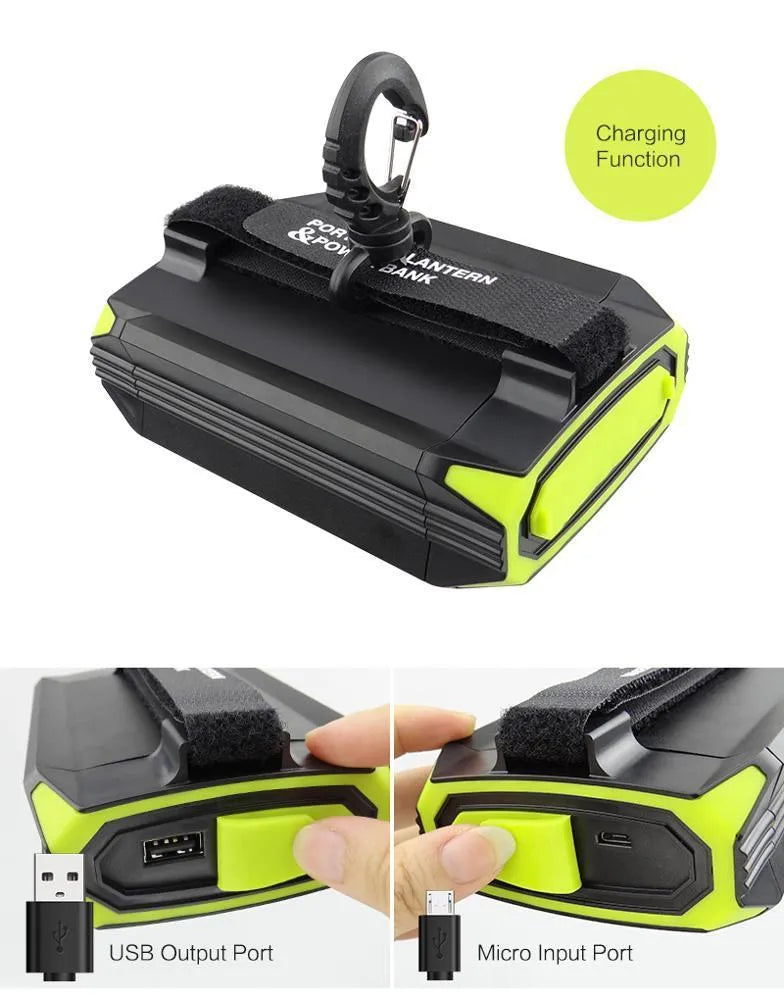 Green rechargeable camping light with dimming function and USB power bank capability
