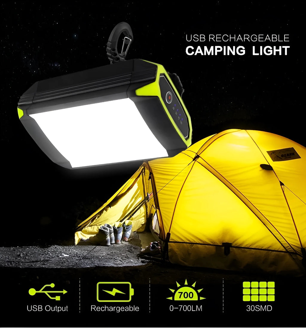 Green rechargeable camping light with dimming function and USB power bank capability