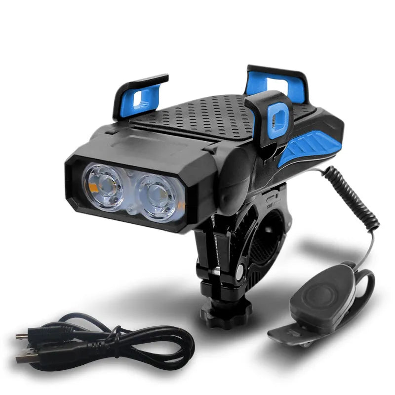 Rechargeable black bicycle light mounted on handlebars with LED beam illuminated.