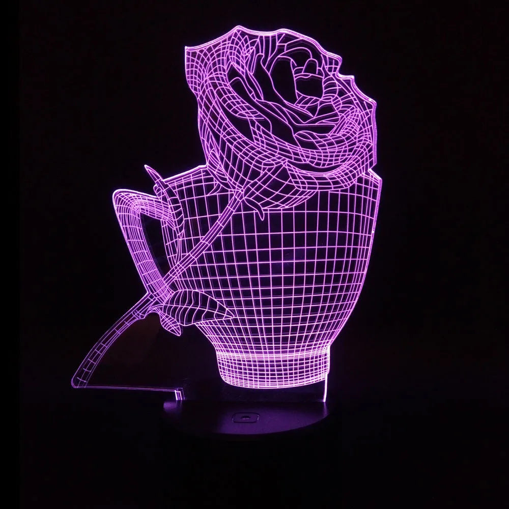 3D rose-shaped night light with colour-changing LED illumination on acrylic panel with ABS base