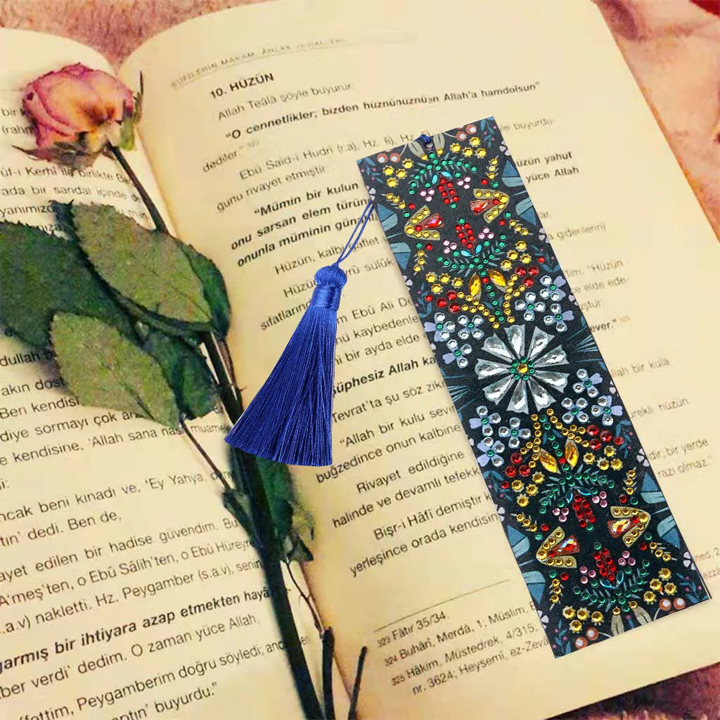 Diamond embroidered mandala flower design on leather bookmark with special-shaped diamonds
