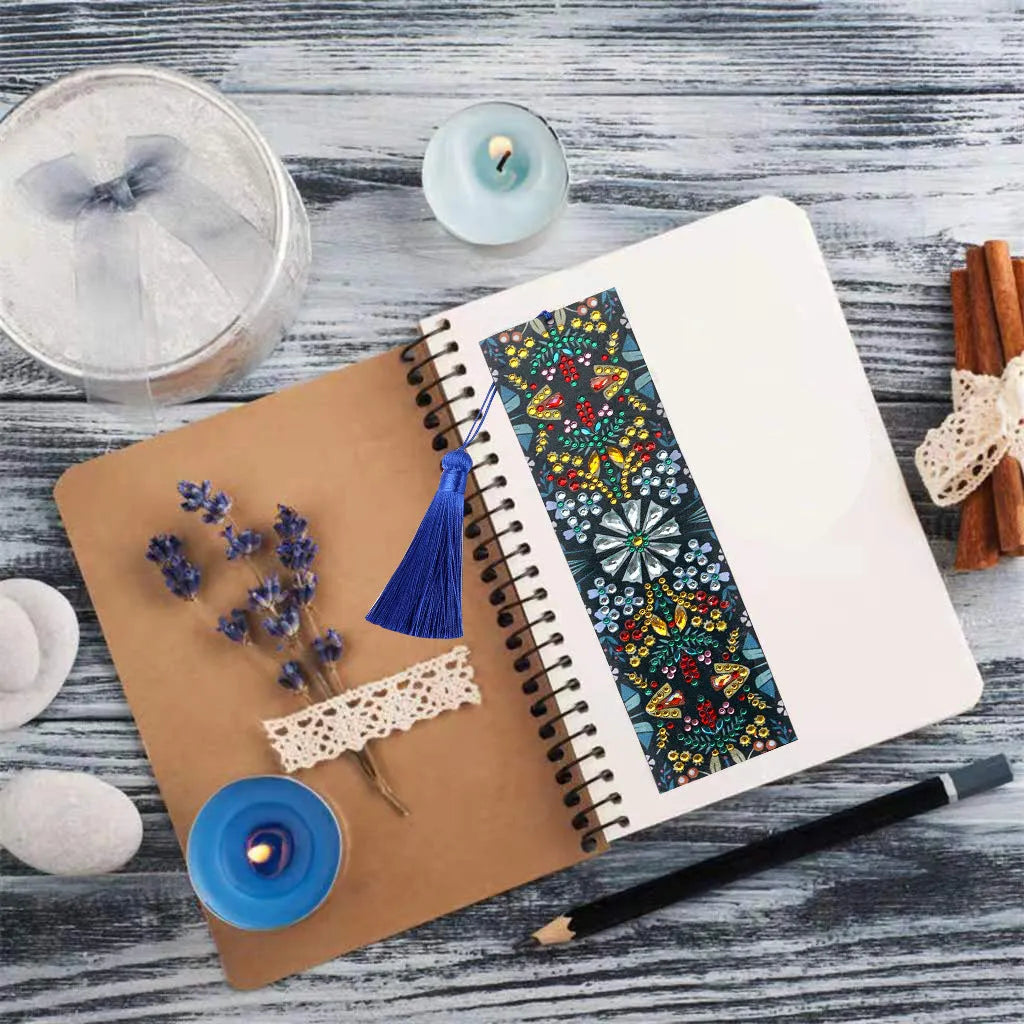 Diamond embroidered mandala flower design on leather bookmark with special-shaped diamonds