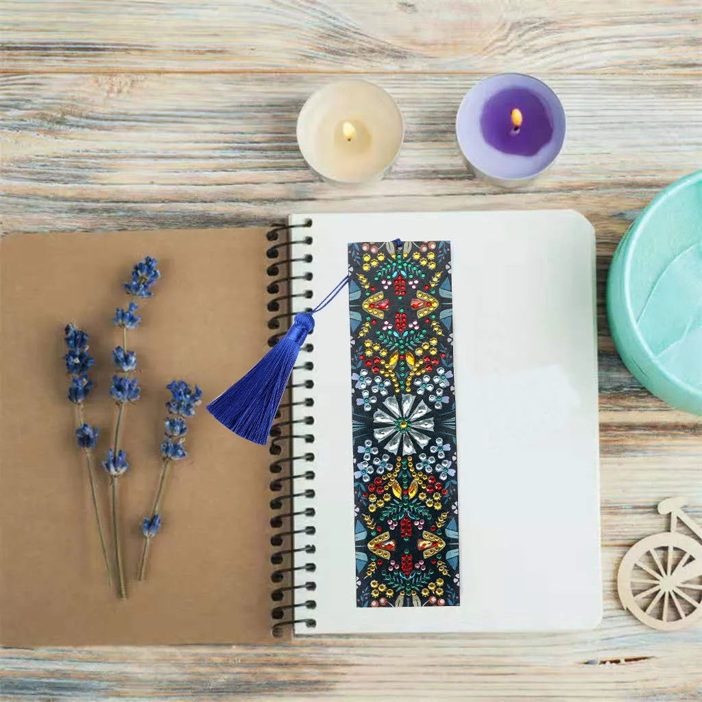 Diamond embroidered mandala flower design on leather bookmark with special-shaped diamonds