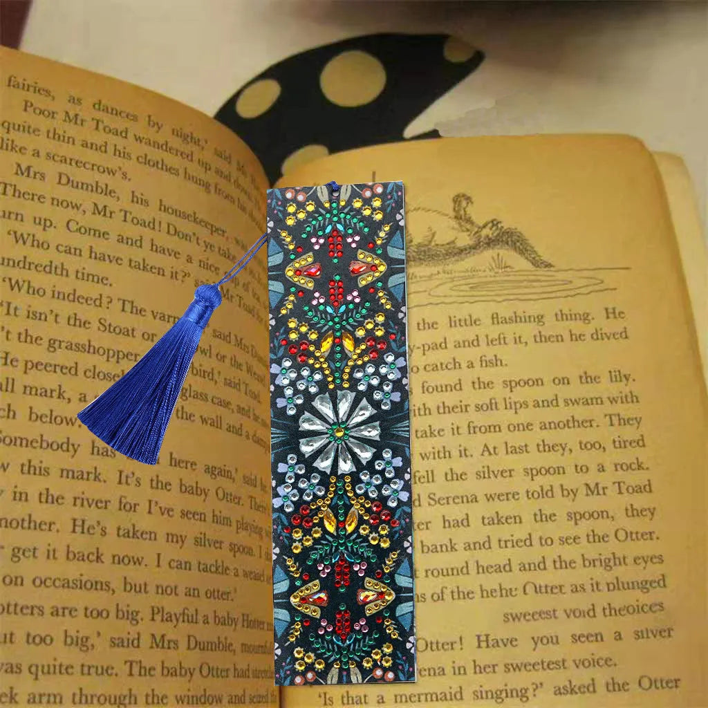 Diamond embroidered mandala flower design on leather bookmark with special-shaped diamonds
