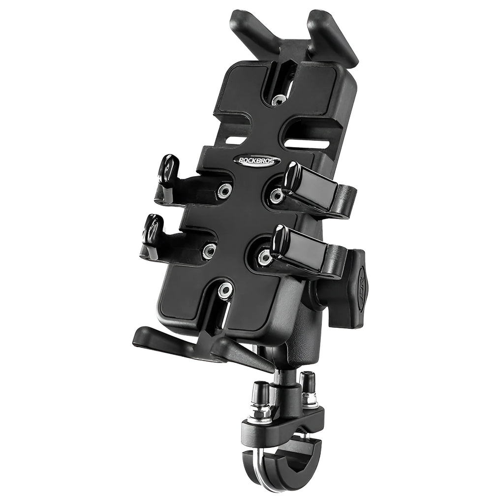 Black nylon motorcycle phone bracket with U-shaped handlebar clamp for navigation mounting