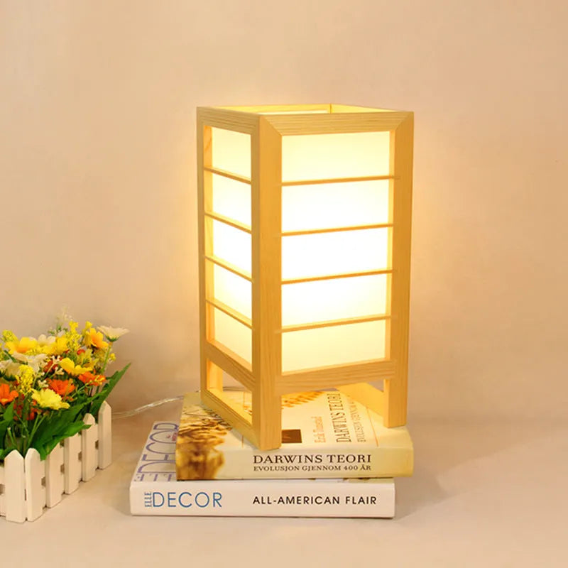 Solid wood Korean style bedside lamp with bamboo wood lamp holder and push button switch