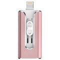 Metal USB flash drive with both Lightning and USB-A connectors shown in black, silver, or gold finishes