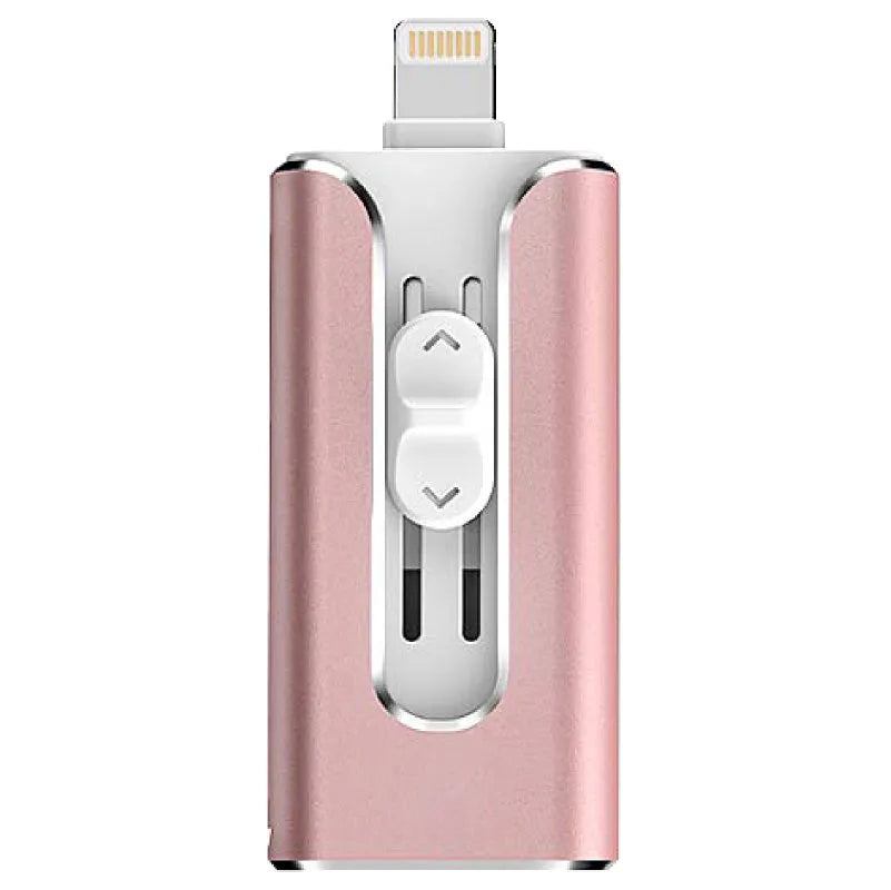 Metal USB flash drive with both Lightning and USB-A connectors shown in black, silver, or gold finishes