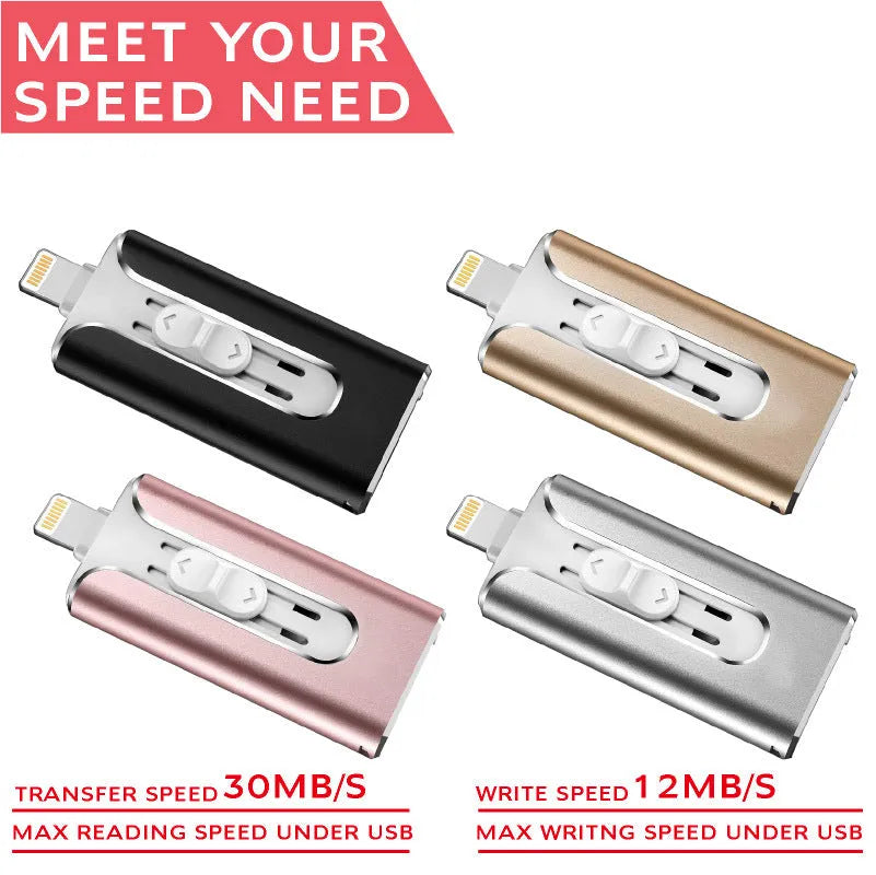 Metal USB flash drive with both Lightning and USB-A connectors shown in black, silver, or gold finishes