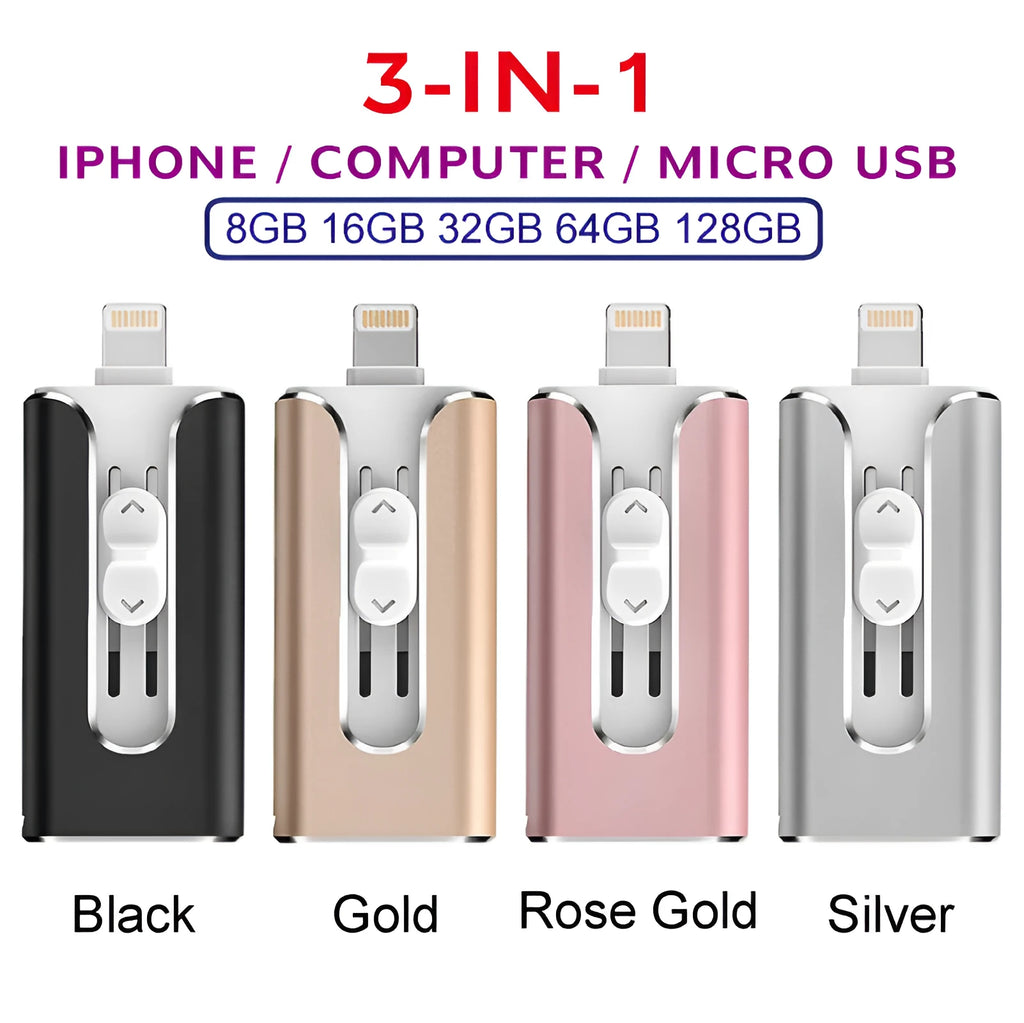 Metal USB flash drive with both Lightning and USB-A connectors shown in black, silver, or gold finishes