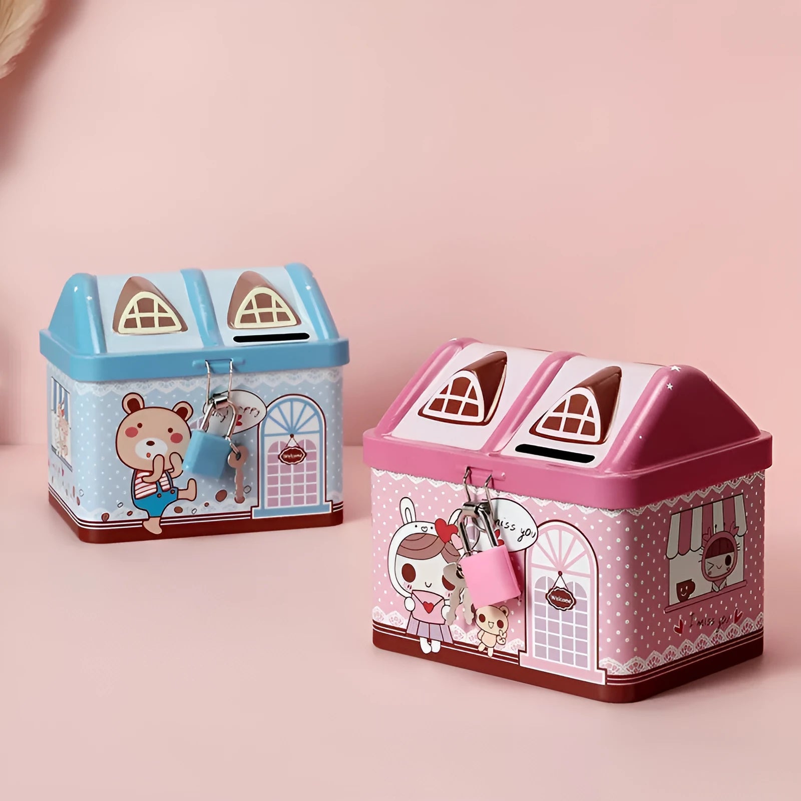 Blue house-shaped tinplate piggy bank for coin storage on desktop