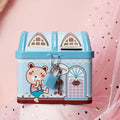 Blue house-shaped tinplate piggy bank for coin storage on desktop