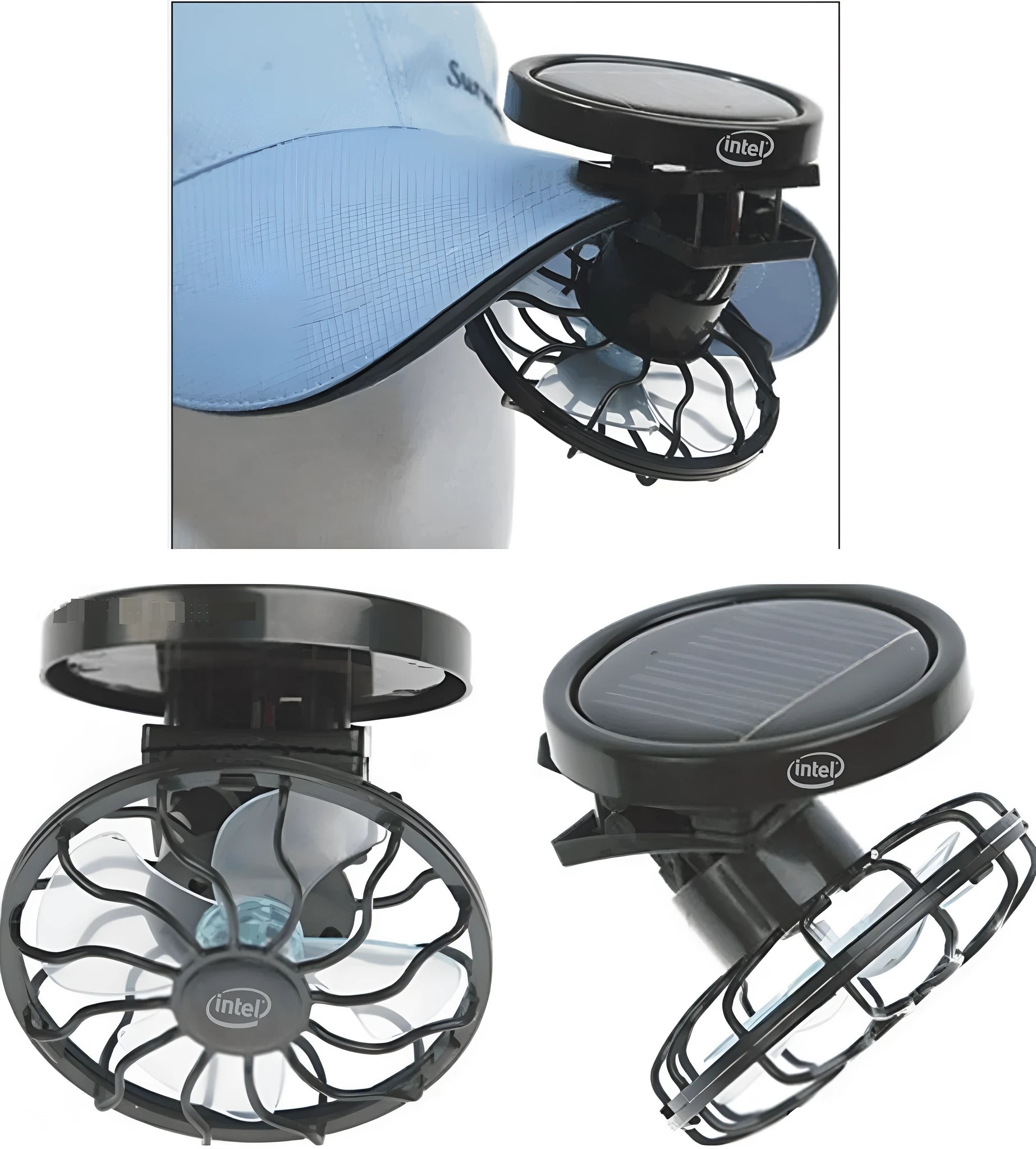 Black solar-powered clip-on cooling fan panel for outdoor camping fishing travel