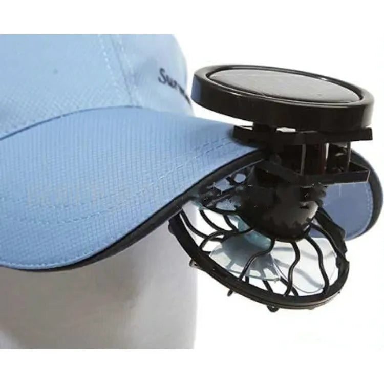 Black solar-powered clip-on cooling fan panel for outdoor camping fishing travel