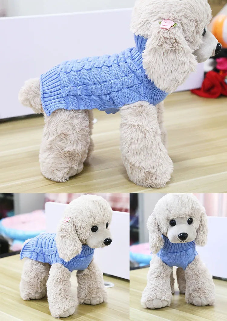 Dog wearing a wool twisted rope sweater in blue, pink, purple or red with size options from XS to XL.