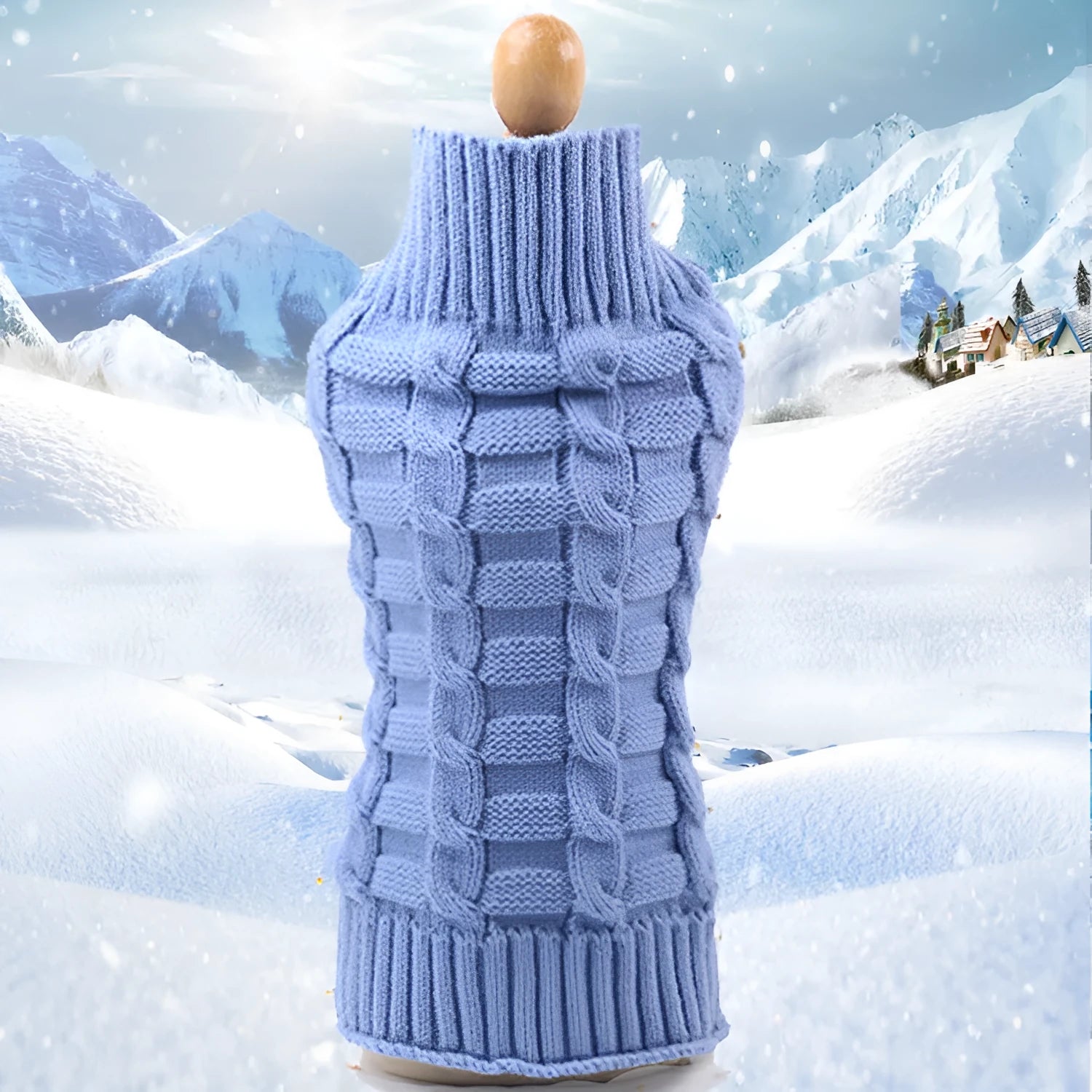 Dog wearing a wool twisted rope sweater in blue, pink, purple or red with size options from XS to XL.