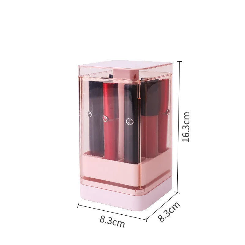 Press lift lipstick storage box in pink or white, showing dust-proof cover and internal grid compartments for organisation.