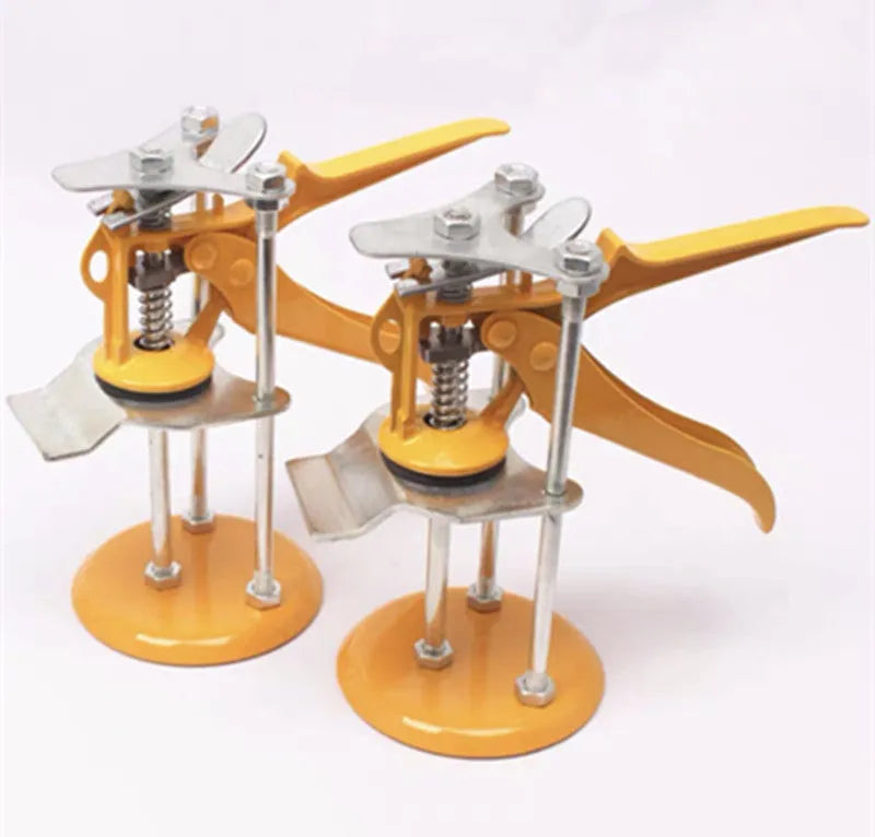 Metal tile raising positioner tool with adjustable height mechanism on a 23.5cm by 6.5cm base.