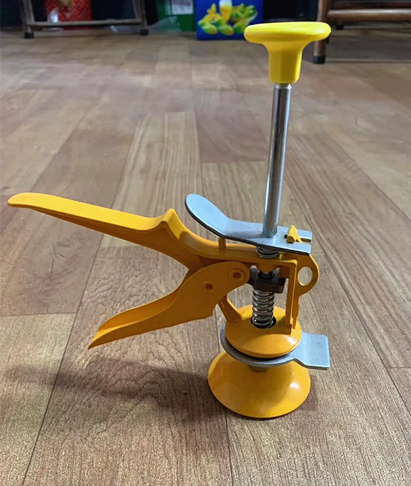 Metal tile raising positioner tool with adjustable height mechanism on a 23.5cm by 6.5cm base.