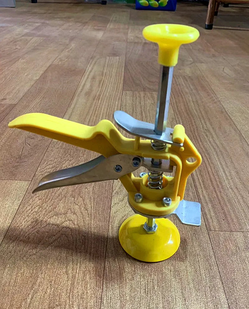 Metal tile raising positioner tool with adjustable height mechanism on a 23.5cm by 6.5cm base.