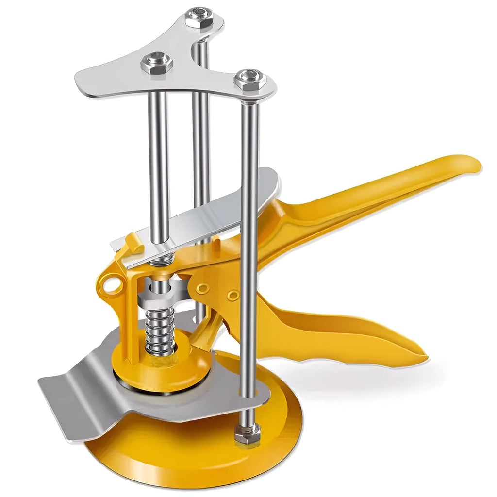 Metal tile raising positioner tool with adjustable height mechanism on a 23.5cm by 6.5cm base.