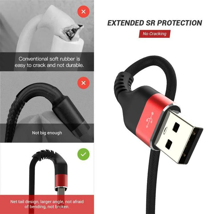 Black and red USB A to Type-C fast charging and data cable for Android phones, shown in different lengths.