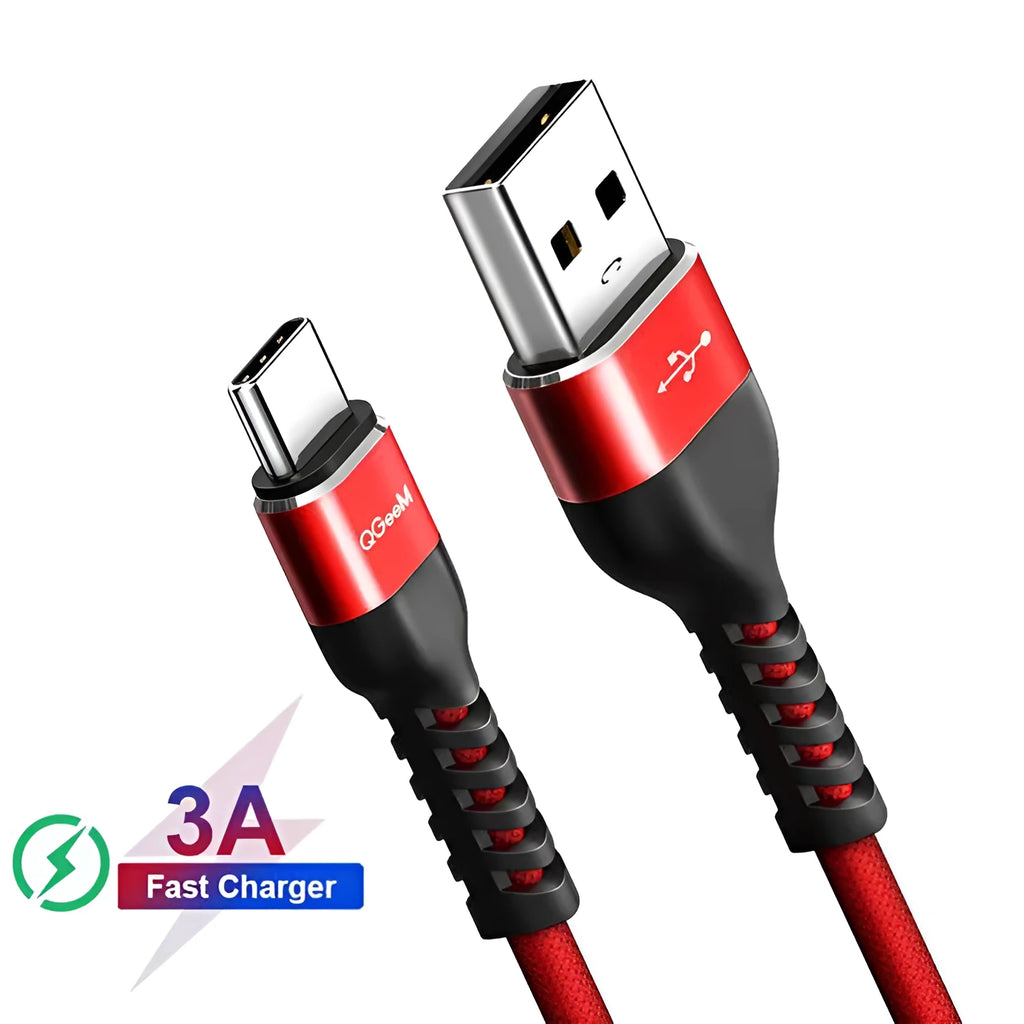 Black and red USB A to Type-C fast charging and data cable for Android phones, shown in different lengths.