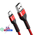 Black and red USB A to Type-C fast charging and data cable for Android phones, shown in different lengths.