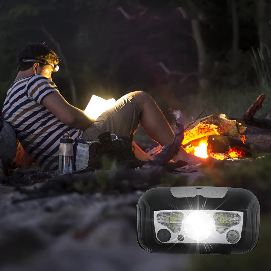 Black USB rechargeable sensor headlight with red LED running lights, shown on a head strap.