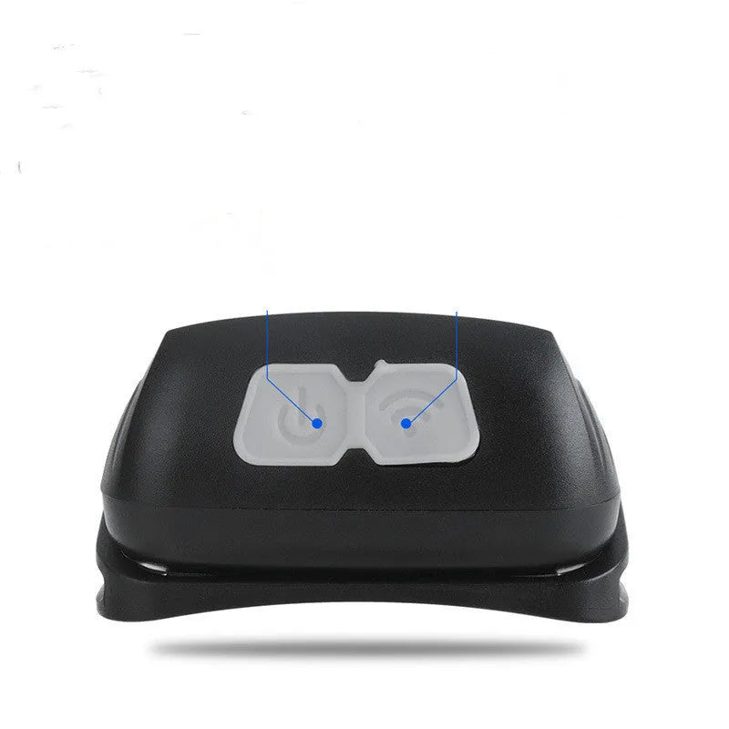 Black USB rechargeable sensor headlight with red LED running lights, shown on a head strap.