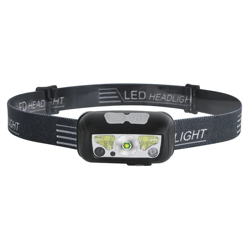 Black USB rechargeable sensor headlight with red LED running lights, shown on a head strap.