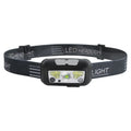 Black USB rechargeable sensor headlight with red LED running lights, shown on a head strap.