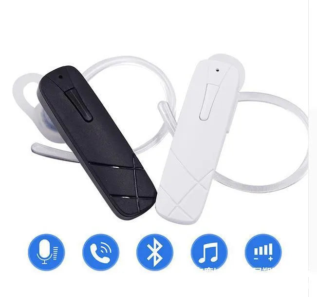 Black and white wireless Bluetooth headset with earplug design for hands-free calls and music