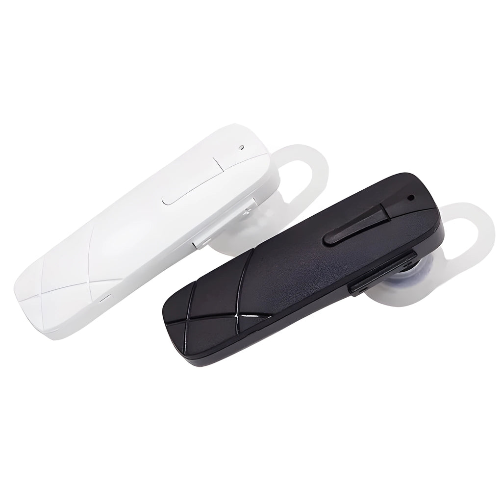 Black and white wireless Bluetooth headset with earplug design for hands-free calls and music
