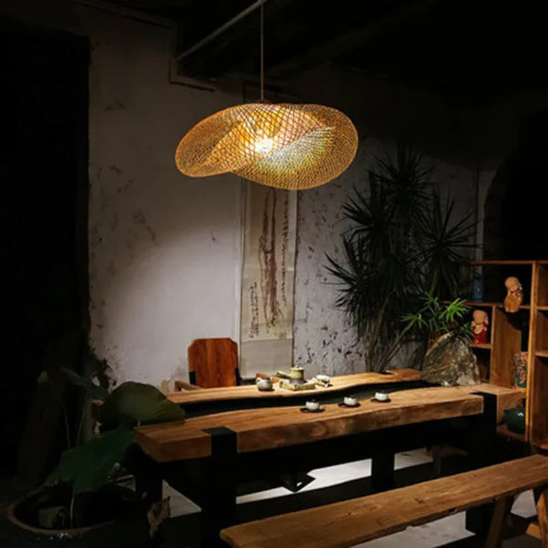 Bamboo chandelier with Chinese zen design and 40cm diameter shell for tea room lighting