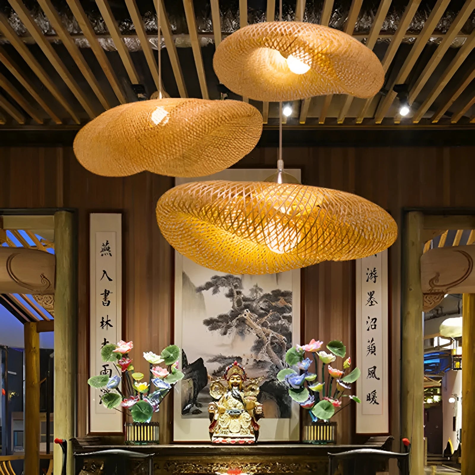 Bamboo chandelier with Chinese zen design and 40cm diameter shell for tea room lighting