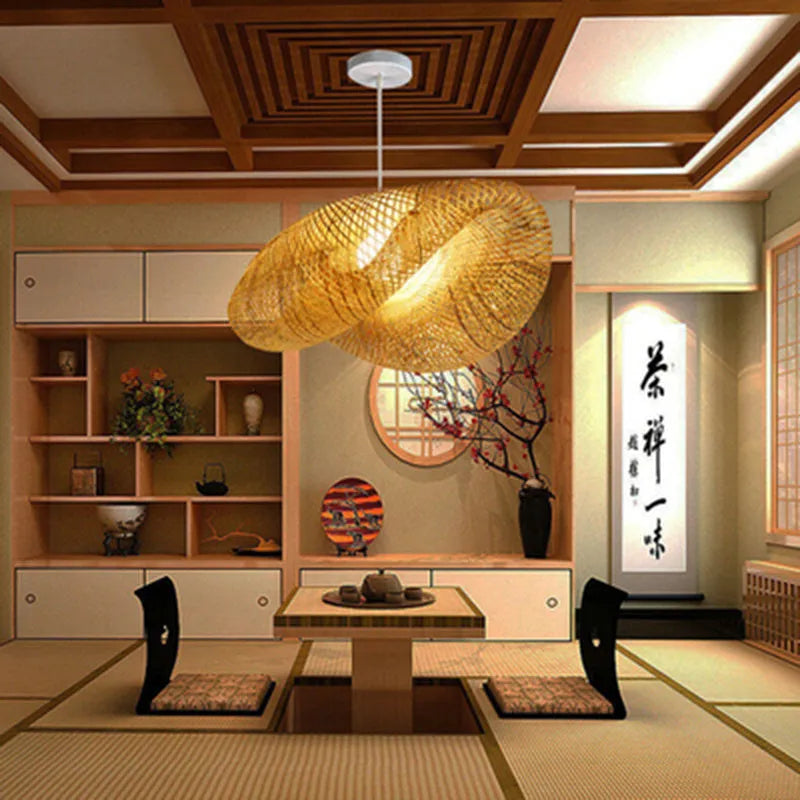 Bamboo chandelier with Chinese zen design and 40cm diameter shell for tea room lighting