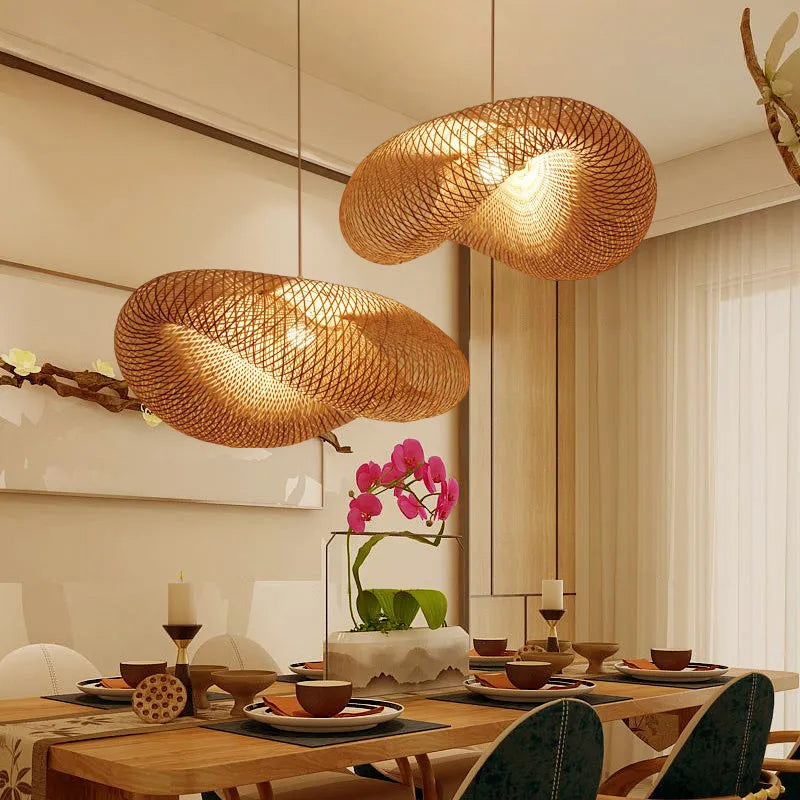 Bamboo chandelier with Chinese zen design and 40cm diameter shell for tea room lighting